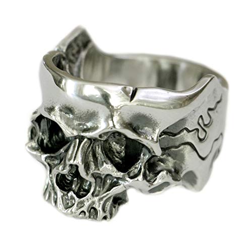 LINSION Anillo de plata de ley 925 con cabeza abierta y cráneo torcido para hombre motorista Punk Ring TA186, Metal