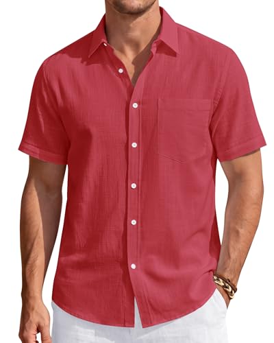 Image of J.VER Mens Linen Shirt Short Sleeve Button Down Casual Summer Shirts | Cotton Linen, Untucked, Big Tall, from Beach Camp Vacation, Cruise Fishing, Work Office, to Wedding Party Family, with Pocket