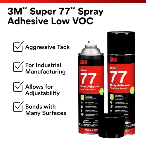 Image of 3M Super 77 Multipurpose Spray Adhesive, Low VOC, Bonds Paper, Corrugated Board, Fabric, Foam, Wood, Clear Glue, 24 floz (Net Wt 18.0 oz), 1 Can