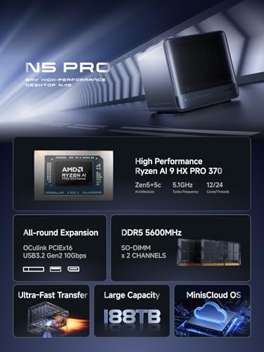 Image of MINISFORUM Desktop NAS N5 Pro 5 Bay 128GB SSD,AMD Ryzen AI 9 HX PRO 370(12C /24T) DDR5 RAM Slots, 1*10Gbe,1*5Gbe, 2*USB4(8K), 8K HDMI,1xM.2 Slot & 2xU.2 /M.2 Slots Up to 188T, Network Attached Storage