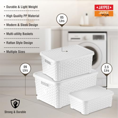 Image of Jaypee Plus Keep all 3 Plastic Storage Basket Organizers With Lid For Kitchen,Fridge, Office Wardrobe, Stationery, Household, Toys & Multipurpose use Pack of 3 Durable Box, White