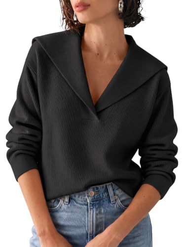 Cicy Bell Womens Pullover Sweaters Lapel Collar V Neck Long Sleeve Sweater