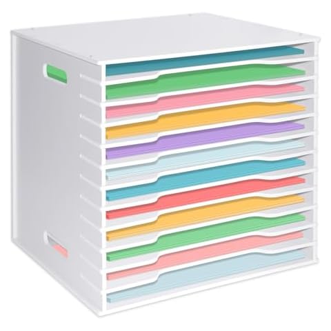 12x12 Scrapbook Paper Organizer Storage,12 Tier Desk File Organizer with Adjustable Shelves,Desktop 12 Slots File Sorter Storage Wide Document Holder Cabinets Letter Mail Tray for Home SchoolOffice Cover