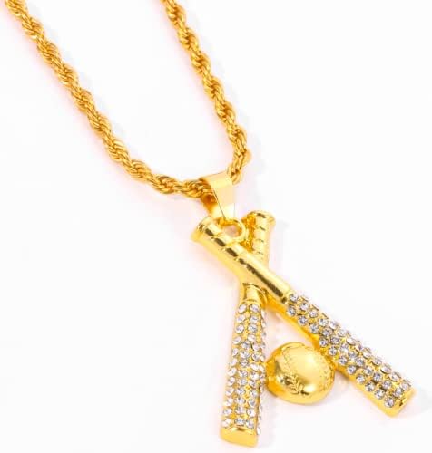 AZYOUNG Men’s Many Zircons Inlaid Golden Crossed Baseball Bats and Ball in one Pendant Twist Chain Necklace,23.6+1.41’’ - Image 2