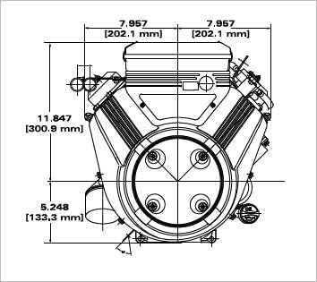 Front view line drawing of Briggs & Stratton Vanguard engine with dimensions