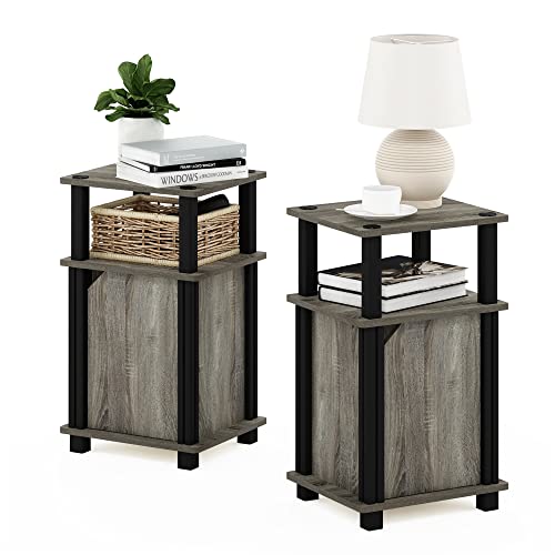 Image of Furinno Brahms 3-Tier End Side Sofa Table /Nighstand with Door, 2-Pack, French Oak /Black