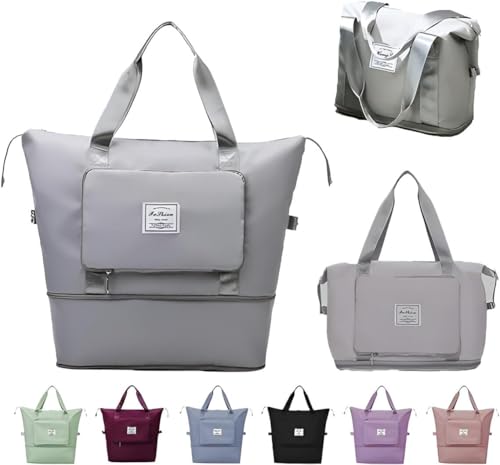 Etailista Foldable Travel Bag for Women & Men - Expandable Large Capacity Waterproof Duffle Handbag with Shoe Compartment, Lightweight Multipurpose Luggage Tote Bag (Normal, Grey)