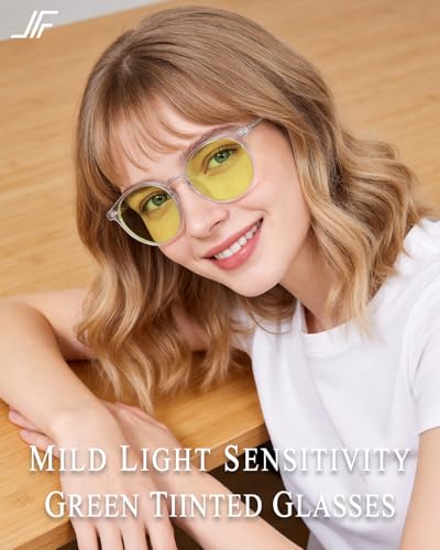 Image of Blue Light Blocking Glasses for Women and Men, Round Frame Computer Gaming Glasses for Migraine, Light Sensitivity, Photophobia & LED Fluorescent Glare RF6213 (Green Lens Clear Frame)