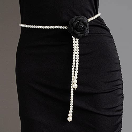 Flower Waist Chains Women Camellia Waist Belt For Dress Pearl Waist Chain Belt Belly Chain For Jeans Sash Belt, Approx.125cm/49.21in, Black4