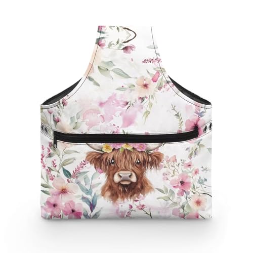 Image of ZUXONGSY Highland Cow Crochet Yarn Bag for Women Pink Floral Knitting Tote Bag for on The Go Travel Portable Knitting Project HanbBag for Crochet Hooks