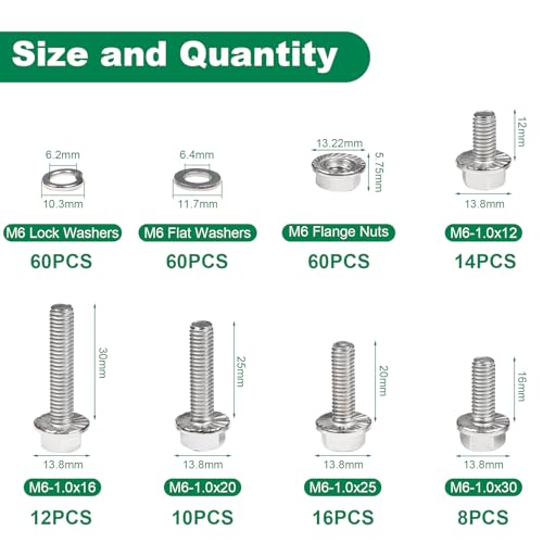 Image of M6-1.0 x 12 /16 /20 /25 /30mm Flanged Hex Head Bolts, 240 Pcs M6 Flange Hexagon Screws Serrated Flange Nuts, Washers & Lock Spring Washers, 304 Stainless Steel Bolts and Nuts Kit