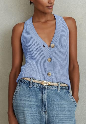Image of Womens Button-Front Sweater Vest Top V Neck Sleeveless Knit Tank Fitted Halter Raceback Cardigan Vest