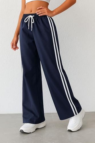 Image of SAKHWALA Women Track Pant | Women's Wide Leg Track Pants High Waist Drawstring Sweatpants with Side Stripes, Casual Loose Fit Lounge Joggers, Dark Grey