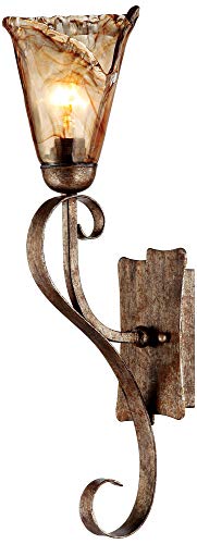 Image of Franklin Iron Works Amber Scroll Rustic Wall Sconce Lighting Golden Bronze Metal Hardwired 23 1 /2 inch High Fixture Amber Art Glass Cottage Core Decor for Bedroom Bathroom Bedside Home (Colors May Vary)