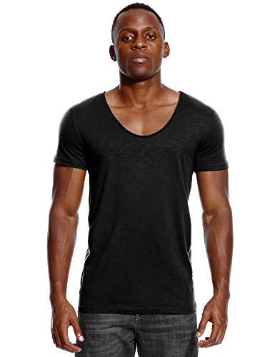 Deep V Neck T Shirt for Men Low Cut Scoop Tee Invisible Vee Top Cotton Short Sleeve Wide Neck Black XL