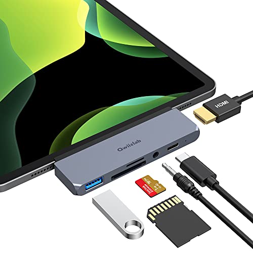 Qwiizlab iPad USB C Hub, 6-in-1 Adapter for iPad Pro 2022 2021 2020 2018, HDMI 4K, 60W PD, SD Card Reader, USB 3.0, Audio Jack 3.5mm, Compatible with iPad Air 5/4, iPad Mini 6