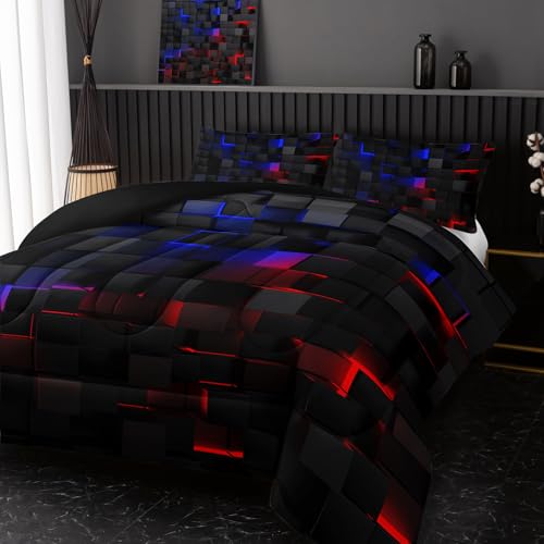 Image of Nttopship Neon Blue and Red Black Comforter Set Full Geometric Kids Bedding Set,3 PCS Geometry Honeycomb Modern Room Decor Quilt Set 1 Comforter 2 Pillow Cases All Season B-Side Black