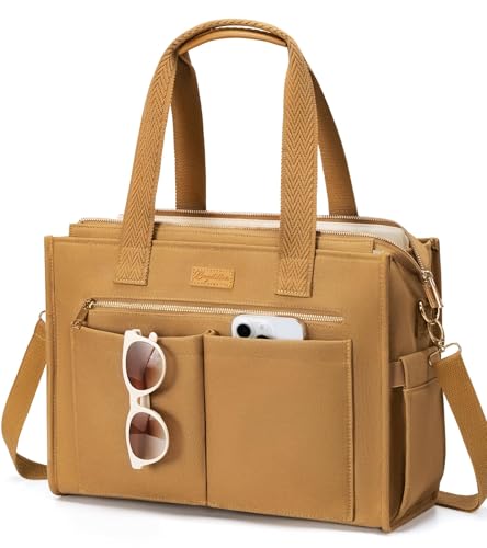 Image of Canvas Tote Bag for Women, 15-Pockets Work Laptop Tote Purse Large Crossbody Nurse Teacher Bible Bag for School Travel Daily | with Strap & Zipper
