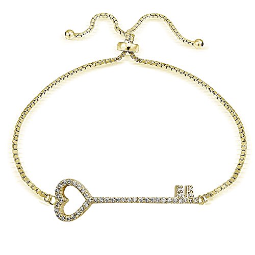 Image of Hoops & Loops Sterling Silver Cubic Zirconia Heart Key Pullstring Adjustable Bracelet