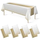 Auxemuen 8Pack Disposable Plastic Tablecloths and Satin Table Runner Set,137x274cm White and Gold Dot Tablecloth Gold Satin Table Runner for Wedding, Picnic, Birthday, Baby Shower Decorations