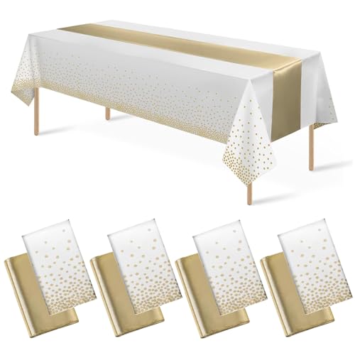 Auxemuen 8Pack Disposable Plastic Tablecloths and Satin Table Runner Set,137x274cm White and Gold Dot Tablecloth Gold Satin Table Runner for Wedding, Birthday, Engagement Christmas Party Supplies