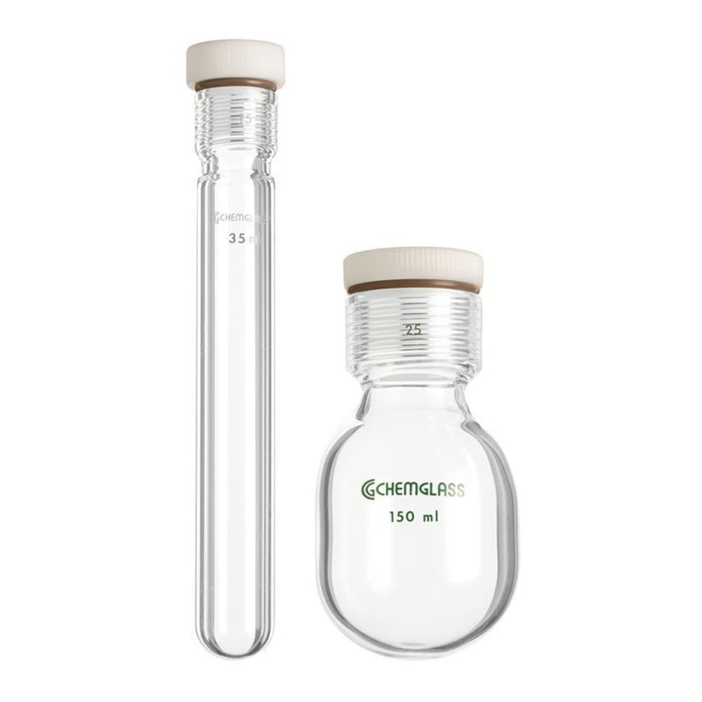 Chemglass CG-1880-02 Glass Complete Heavy Wall Cylindrical Bottom Pressure Vessel, 35mL Volume, 25.4mm OD x 190mm Length, #15 Internal Thread