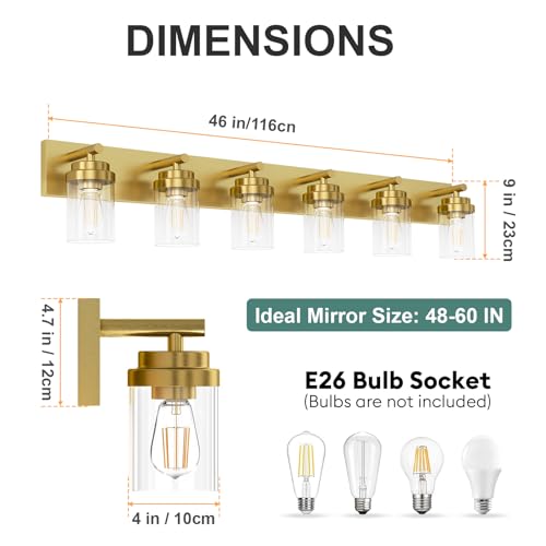 Image of IZORRO Bathroom Vanity Light Fixture, 6-Light 46 Inch Gold Bathroom Light Fixtures Over Mirror, with Clear Glass Shade, Modern Farmhouse Vanity Lights, Rustic Restroom Lighting Fixtures