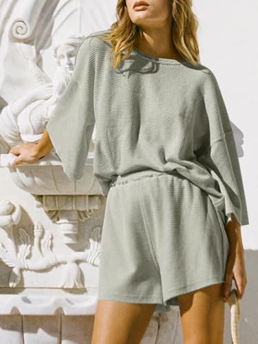 Image of Tankaneo Womens Short Sets 2 Piece Outfits 3 /4 Sleeve Tops and Elastic Waist Shorts Lounge Set Casual Loungewear