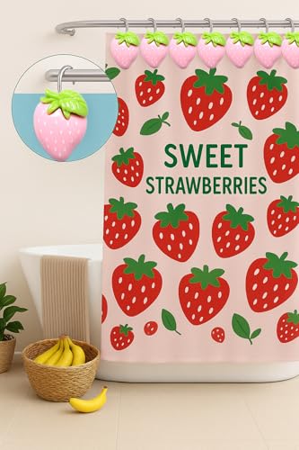 Image of 12-Pack Resin Pink Strawberry Shower Curtain Hooks - Cute Fruit-Themed Shower Curtain Rings for Bathroom and Home Decor