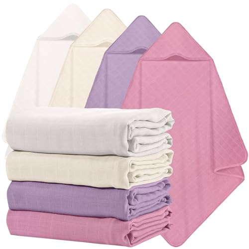 Image of Preboun 4 Pcs Muslin Hooded Baby Towels,32 inchx 32 inch Cotton Newborn Bath Towel Muslin Infant Baby Blankets Absorbent Unisex Newborn Registry Gift for Girls Boys(Purple Series)