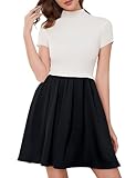 OLAPTA Women Mock Neck Patchwork Pleated Sweater Dress Short Sleeve Swing Knitted Solid Slim Fit Fashion Mini Dress Trendy(Medium,Black and White)