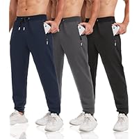 lomsoe 3er-Pack Jogginghose Herren Tapered, Sporthose Herren Lang mit Reißverschlusstaschen, Trainingshose Sweatpants Fleece Slim Fit für Laufen und Fitness(Schwarz,Dunkelgrau,Marineblau,L)