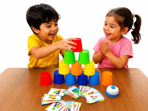 Image of EITHEO Color Sorting Cup Challenge Game Set, 12 Stacking Cups, 50 Pattern Matching Cards & Bell, Speed Cups Game, Montessori Educational STEM Learning Toy, Hand Eye Coordination Activity for Kids 3+