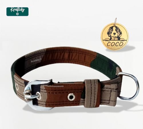 Image of Dog Collar Belt with Name tag id Customized for Small Medium Large Dogs Military Army Print Neck Collar with Personalized Dog Name (with Dog Name) (Large Dogs)