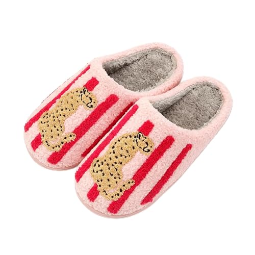 Image of Women's Men's Happy Face Heart-shaped Cat Slippers - Retro Leopard Print, Memory Foam, Soft Plush, Warm, Anti-Slip Home Shoes