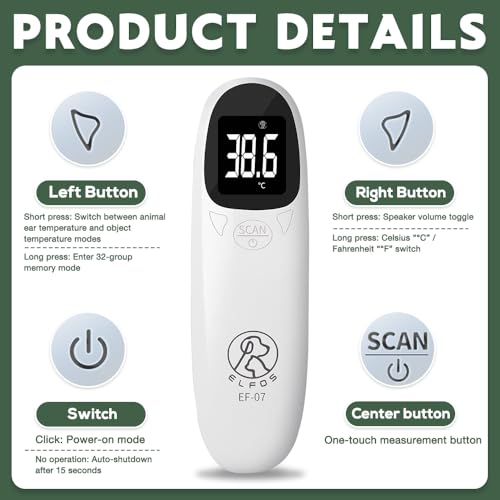 HOVCEH Ohrthermometer Hund, Fieberthermometer Hund mit LED Anzeige, 12,8 * 3,9 cm Tragbares Fieberthermometer Ohr, Fiebererkennung für Katzen, Hunde, Kühe, Ferd(Weiß)