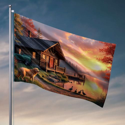 Accesorios de bandera de jardín, cabaña de troncos junto al lago al atardecer. Bandera para hombre, decoración de campo (30 x 45 cm)