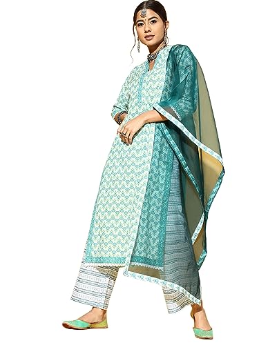 Image of Women Sea Green Printed Straight Kurta Palazzo with Dupatta Set