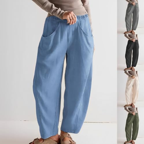 Womens Casual Cotton Linen Wide Leg Long Pants Spring Summer Loose Elastic Waist Solid Plus Size Trousers with Pockets3