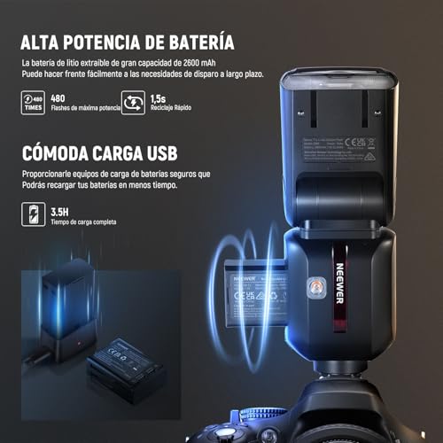 Ficha técnica NEEWER Z880-C Flash 24 G 76 W TTL Cámara Flash Speedlite Compatible con Canon UI mejorada lámpara de modelado TTL M interruptor rápido TCM 18000s HSS 74 V 2600 mAh batería 480 flash de potencia - Fernando Cortés