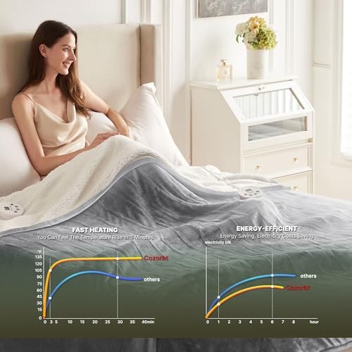 Heat Blanket 84”x90” Queen Size-Dual Control,Soft Flannel & Sherpa Electric Blanket with 10 Heat Settings,12 Timer Setting and 8 Hours Auto-Off,ETL Certified Machine Washable,Light Grey