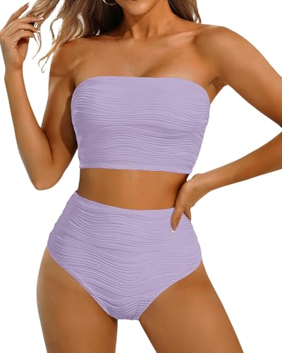 Image of High Waisted Bandeau Bikini Set - Women Strapless Two Piece Swimsuits Ribbed Longline Full Coverage Bathing Suits Swimwear