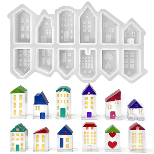 Juego de moldes de silicona de 12 casas,Molde de Silicona 3D para Casas,Juego de moldes de silicona para casitas,Idealresina hormigón, arcilla, vela,decoración del hogar molde de silicona para casa