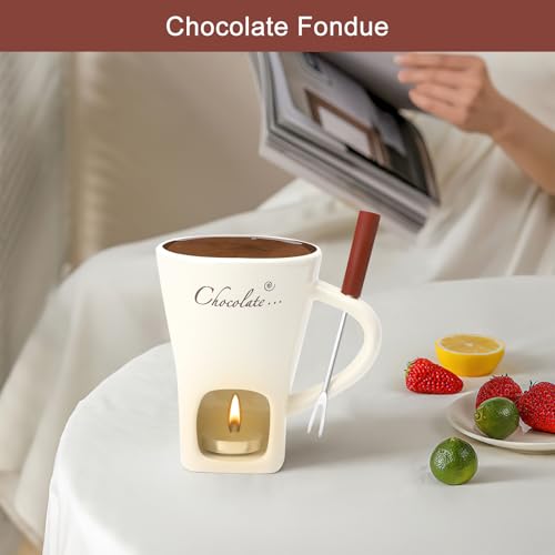 Schokofondue Tasse Keramik 130ML Schoko Fondue Cup mit Teelichthalter und Gabeln Schokoladenfondue Schokolade Fondueset Chocolate Fondue Set Schokoladenschmelztopf für Schokolade Käse Butter Karamell