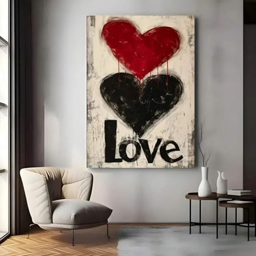 Toile murale double cœur rouge et noir déco salon 60 x 80 cm