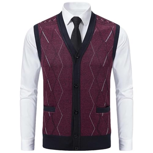 Men's Argyle Knit Sweater Vest Button Down Classic V Neck Soft Warm Business Sleeveless Cardigan