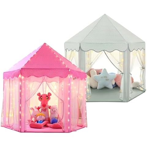 Save 23% Monobeach Pink Princess Tent & Celadon Princess Tent Girls Large Playhouse Kids Castle Play Tent with Star Lights Cover