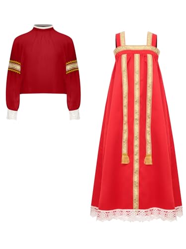 Child Girls Russian Ethnic Performance Dress Embroidered Blouse with Overalls and Headpiece Red 3 Years3
