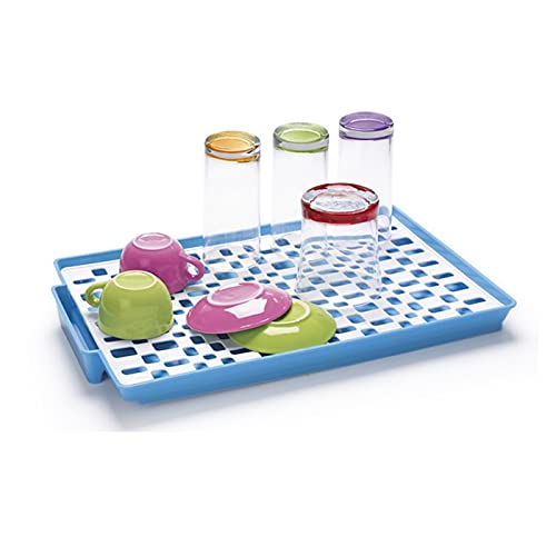 Tradineur - Escurridor rectangular de plástico con bandeja anti goteo 40 x 27 x 3 cm, escurreplatos, vasos, cubiertos, soporte, organizador, estante para vajilla de cocina, color aleatorio