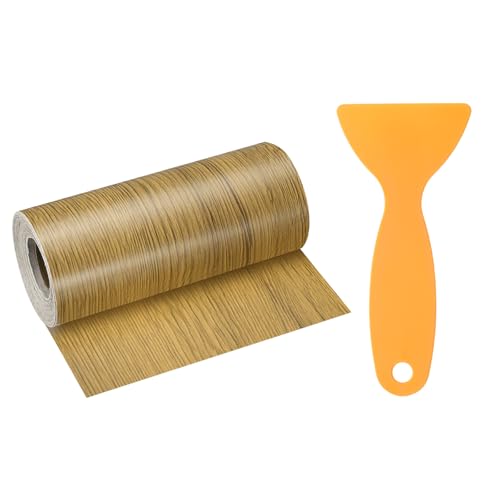 Image of HARFINGTON Wood Grain Repair Tape 4.7 Inch x 33ft Self Adhesive Repair Patch Tape Simulated Wooden Floor Tapes with Plastic Scraper for Tables Doors Windows Furniture, Yellow Teak